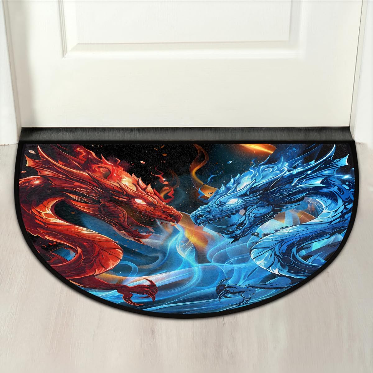 Half Round Door Mat Dragon Animal Abstract Half Moon Rug Washable Half Circle Area Rugs Indoor Entrance Non Slip Semi Circle Bathroom Rugs Floor Carpet for Kithen Bedroom Fireplace Decor