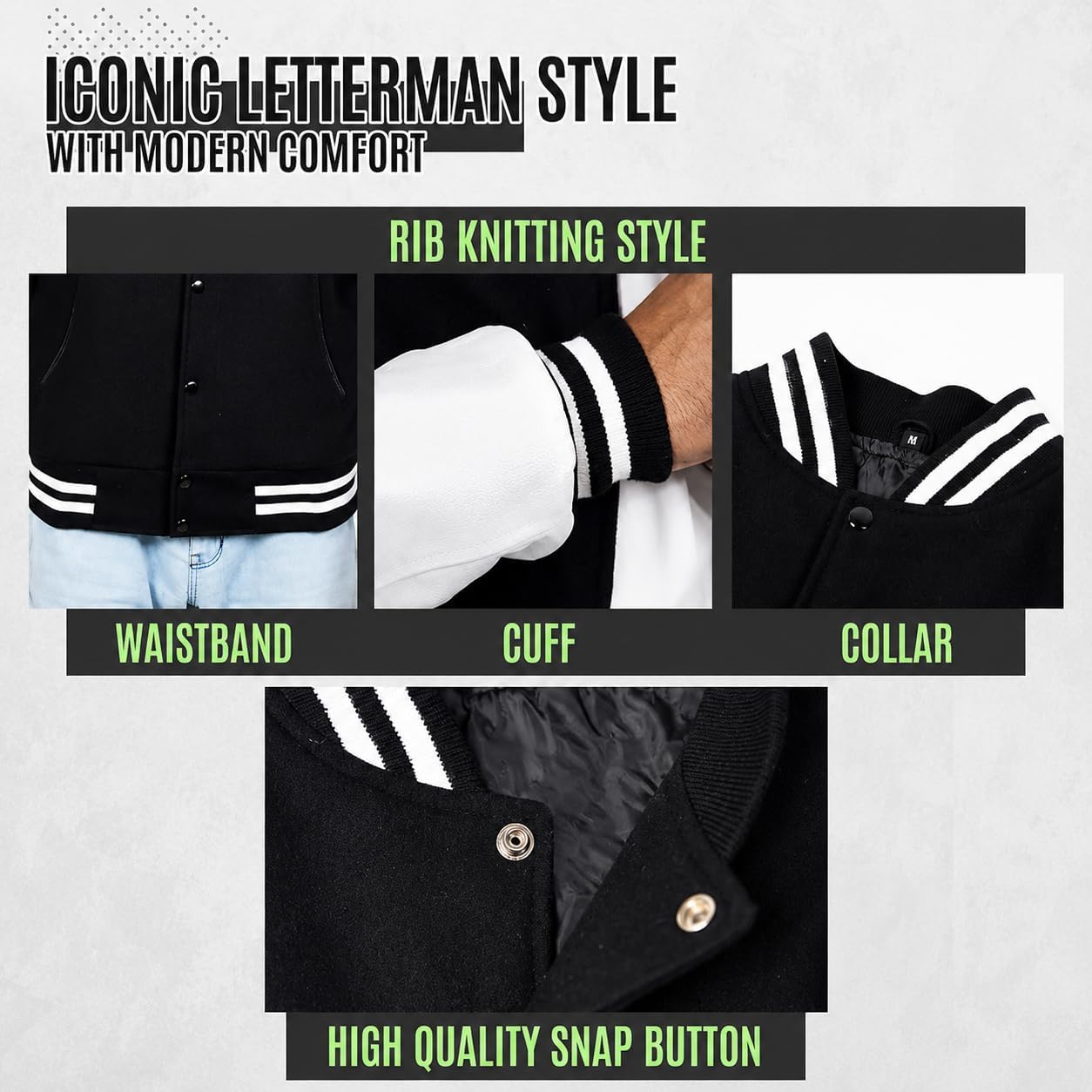 Varsity Jacket Men with Genuine Leather Sleeves and Wool Blend-Lightweight Baseball Jacket Men