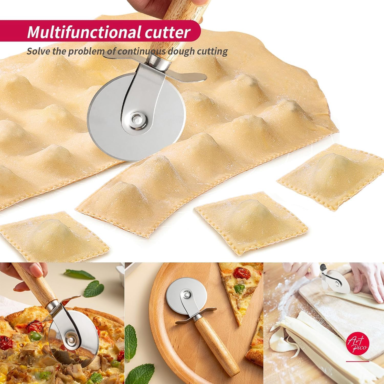 Artpico Ravioli Stamp Maker Cutter Roller Wheel Set of 5 Pasta Making Kit Wooden Handle Fluted Edge for Ravioli Press Cutter Pastry Dumplings Lasagna Pierogi Dough cut - Image 3