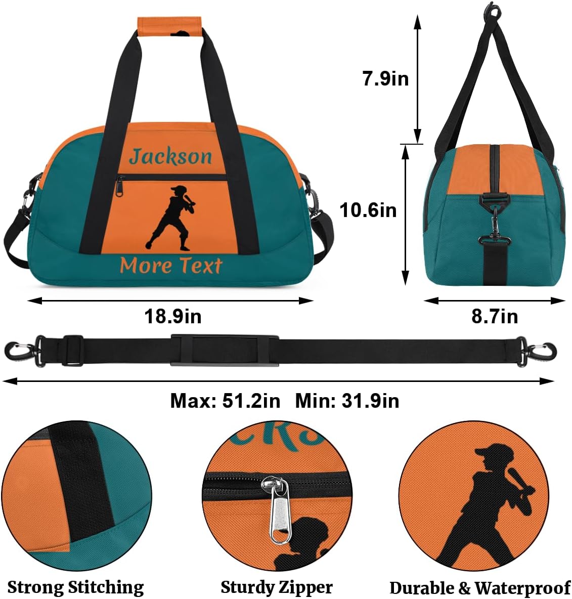 Personalized Sport Duffle Bag for Boys, Custom Kids Gym Bag with Name, Fit School Practice, or Overnight Weekender Travel Orange Baseball