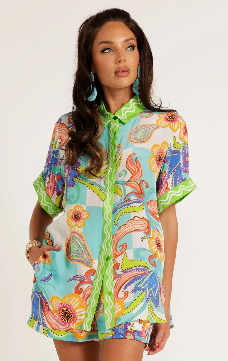 Women's Printed 2 Piece Set 2025 Button Down Shirt and Shorts with Pockets Summer Beach Set - Image 6