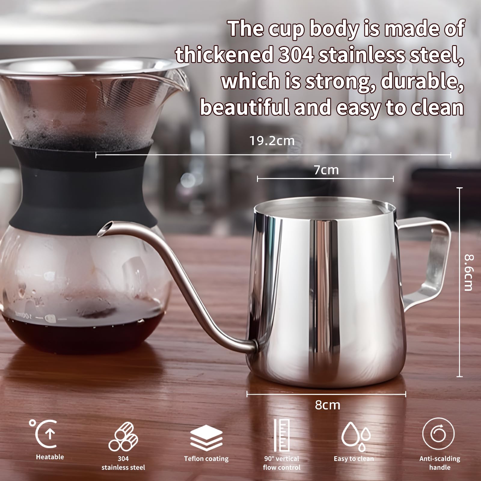 Hervidor de Café con Cuello de Cisne de Acero Inoxidable, Cafetera de Cuello de Cisne Larga - 350ml, Taza de Café para Espumar con Marca de Medición para Cocina, Doméstica, Cafetería