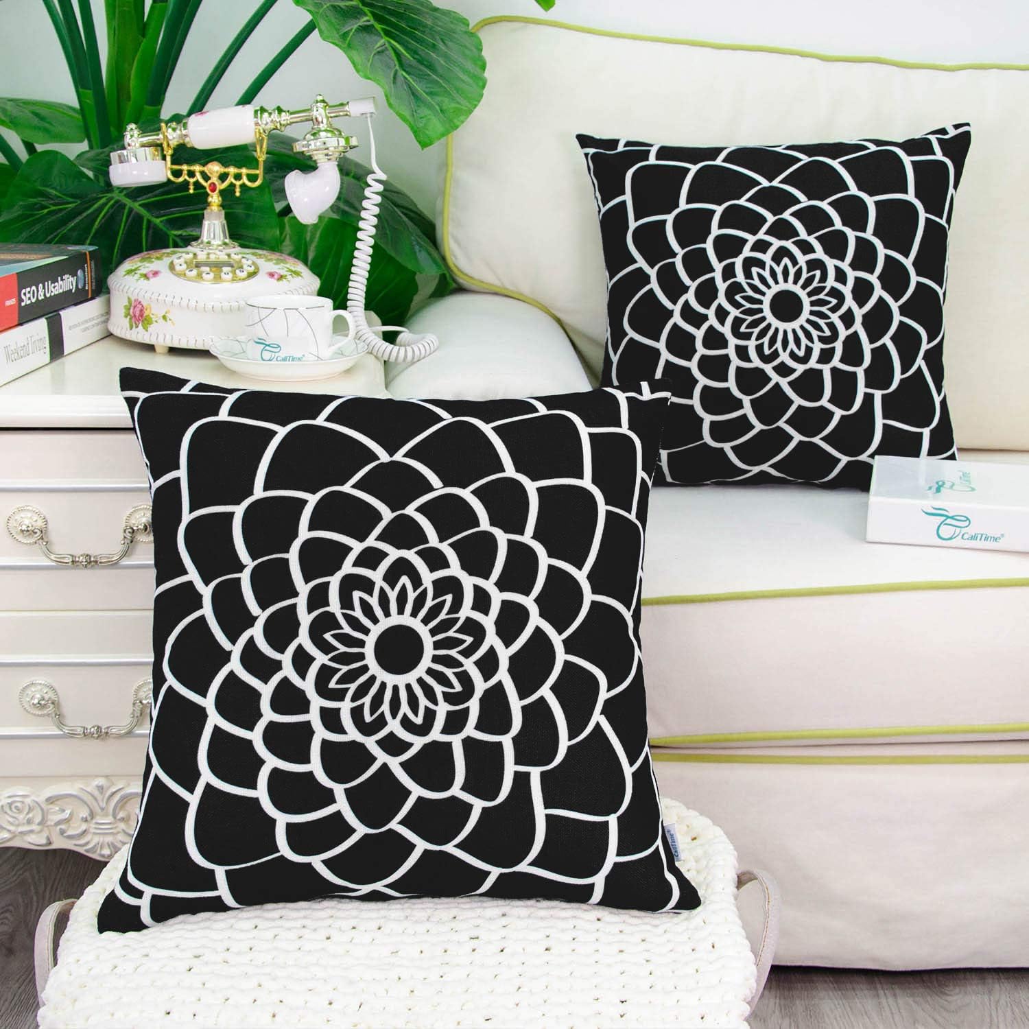 CaliTime Pack of 2 Soft Canvas Throw Pillow Covers Cases for Couch Sofa Home Decor Dahlia Floral Outline Both Sides Print 18 X 18 Inches Black