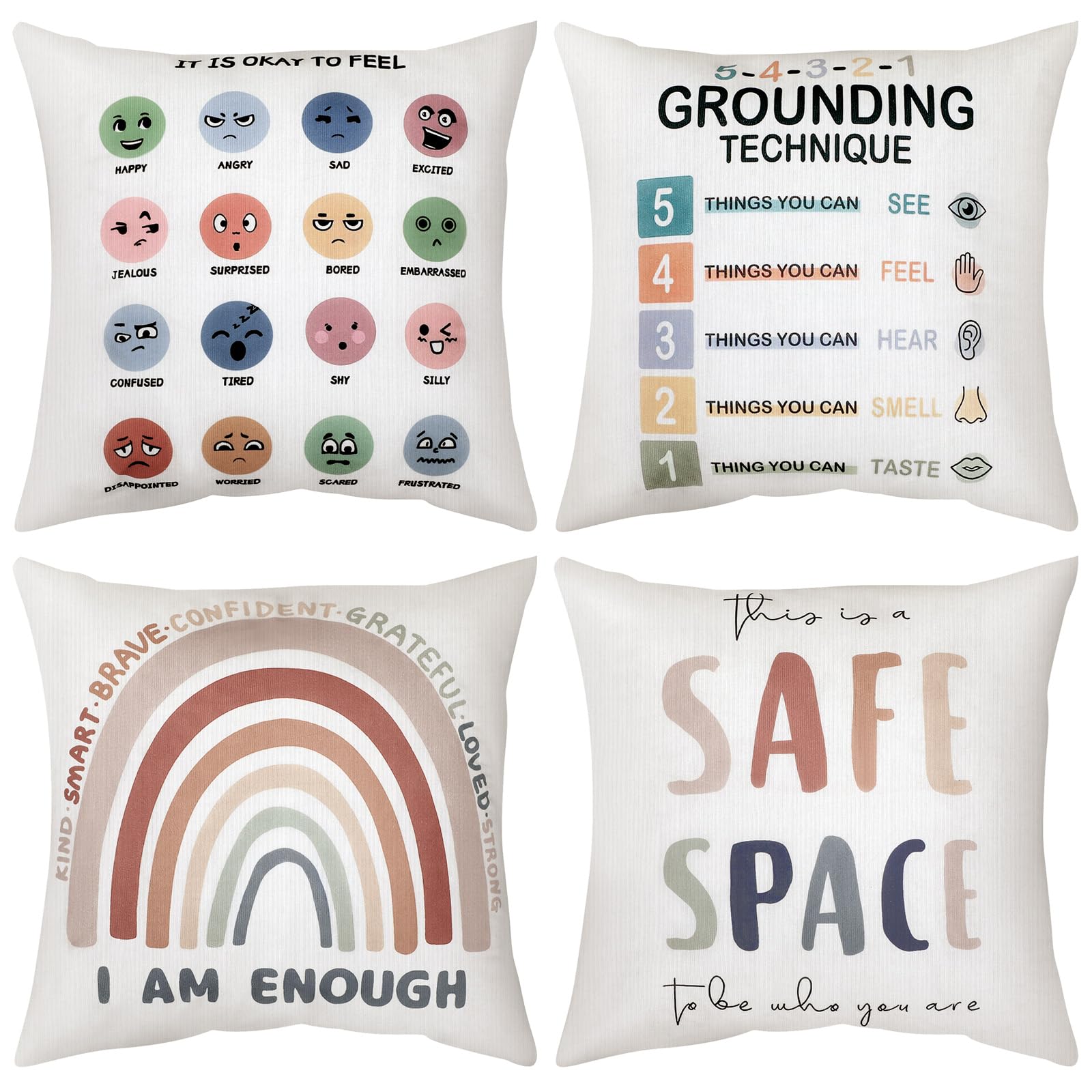 Yuntau 4 Pcs Calm Down Corner Supplies Classroom Must Haves Throw Pillow Covers 18x18 Inch Feelings Emotion Pillow Covers Kids School Preppy Reading