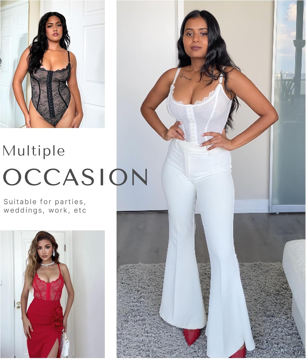 SHAPELLX Lace Bodysuit for Women Tummy Control Shapewear Backless Body Suits One Piece Body Shaper Thongs - Image 2