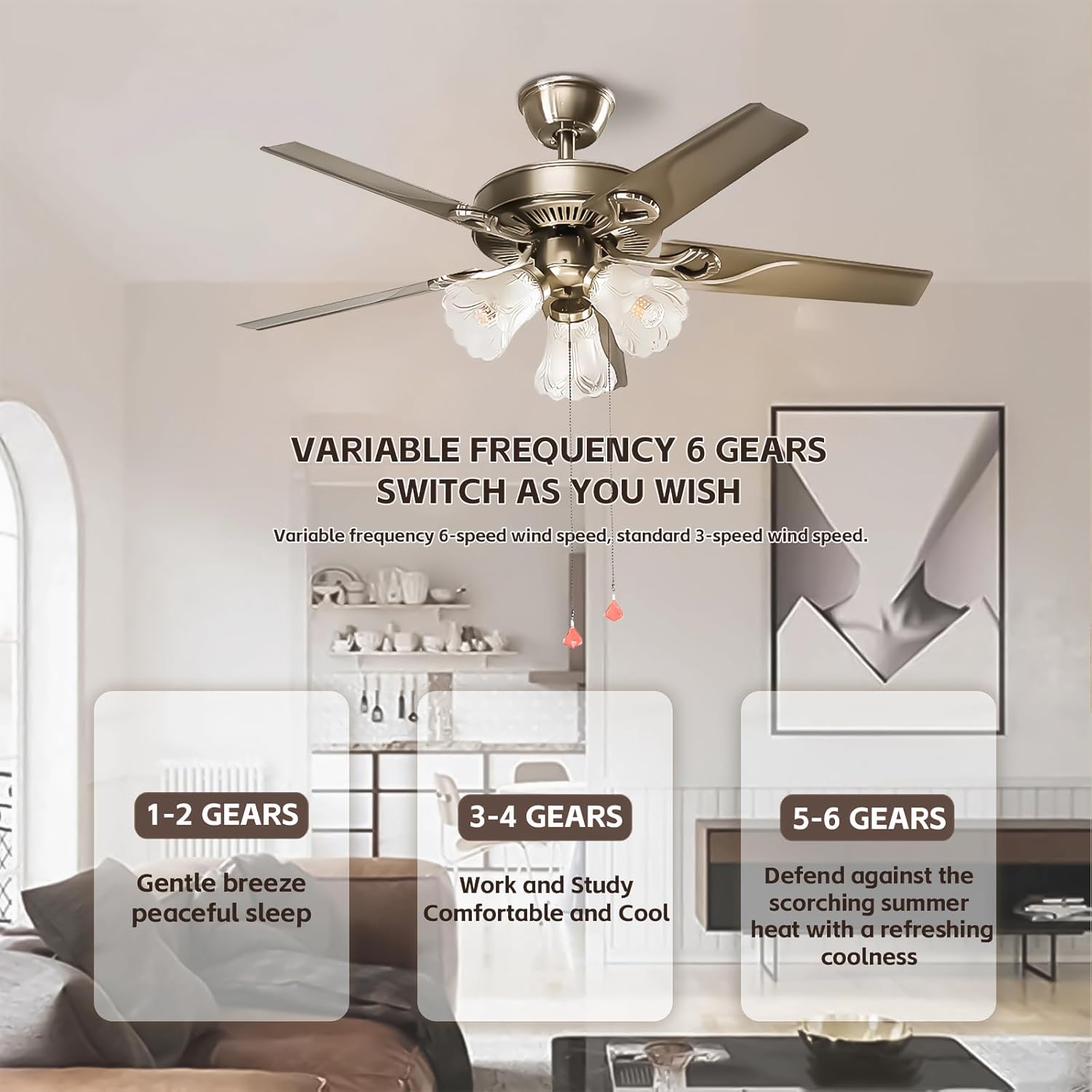 Retro Coppery Reversible Ceiling Fan，5 Fan Leaves Lighted Ceiling Fan with Zippered Reversible Ceiling Fan for Bedroom Living Room Ceiling Light Kits with Fans