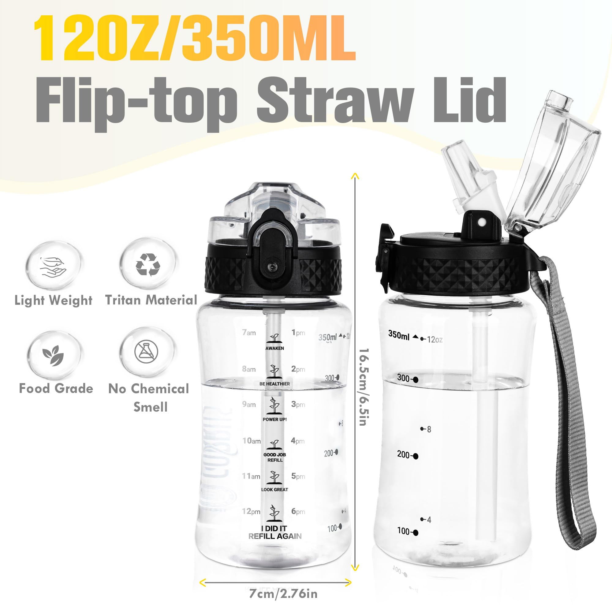 GOPPUS 350ml/12oz Kids Water Bottle With Straw Tritan Drinks Bottle with Strap Small Toddler Juice Bottles with Flip Top Lid Leakproof Children's Cup with Time Marking BPA free Girl Boy (Transparent) - Image 5