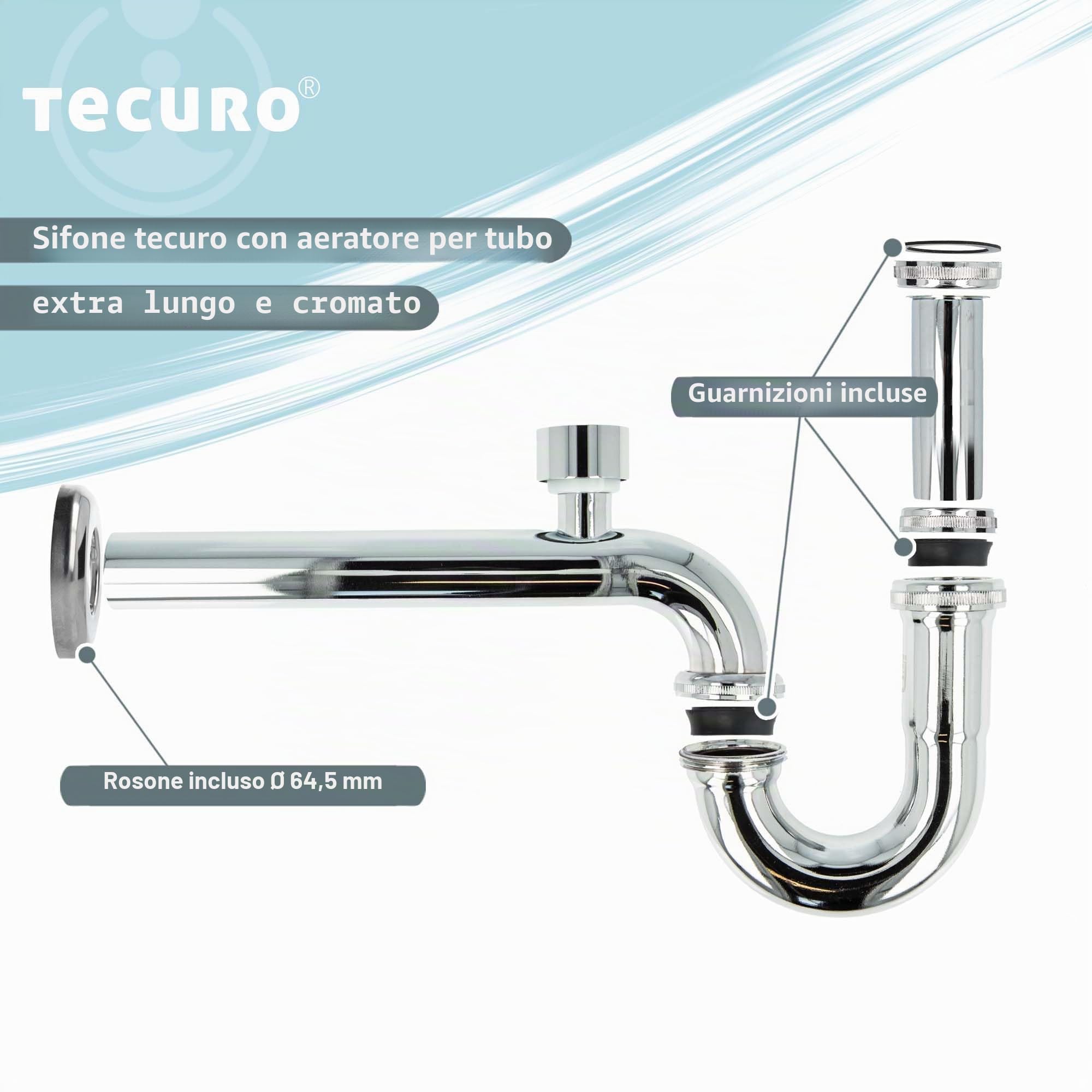 tecuro Chiusura antiodore per sifone lavabo con aeratore tubolare, extra lunga - ottone cromato