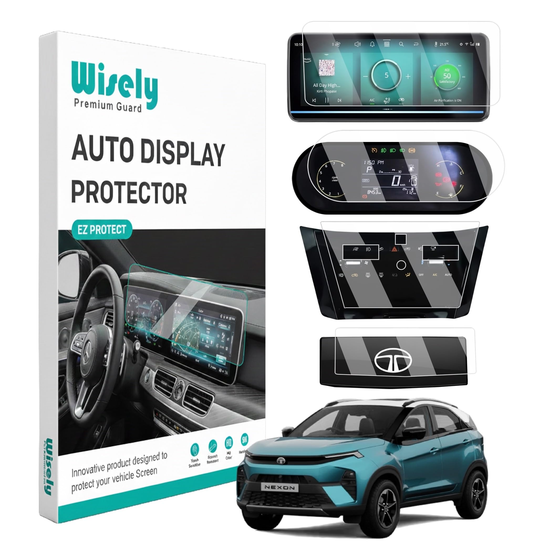 Wisely Pack 4 - Screen Guard for TATA NEXON (2025-26+) CREATIVE, CREATIVE+ S (CNG), CREATIVE+S Dark Car Display Protector - 10.25" INFOTAINMENT [Round Edge] + 4" MID CLUSTER + STEERING + AC (Touch) Panel - Stereo Car Accessories-image-2