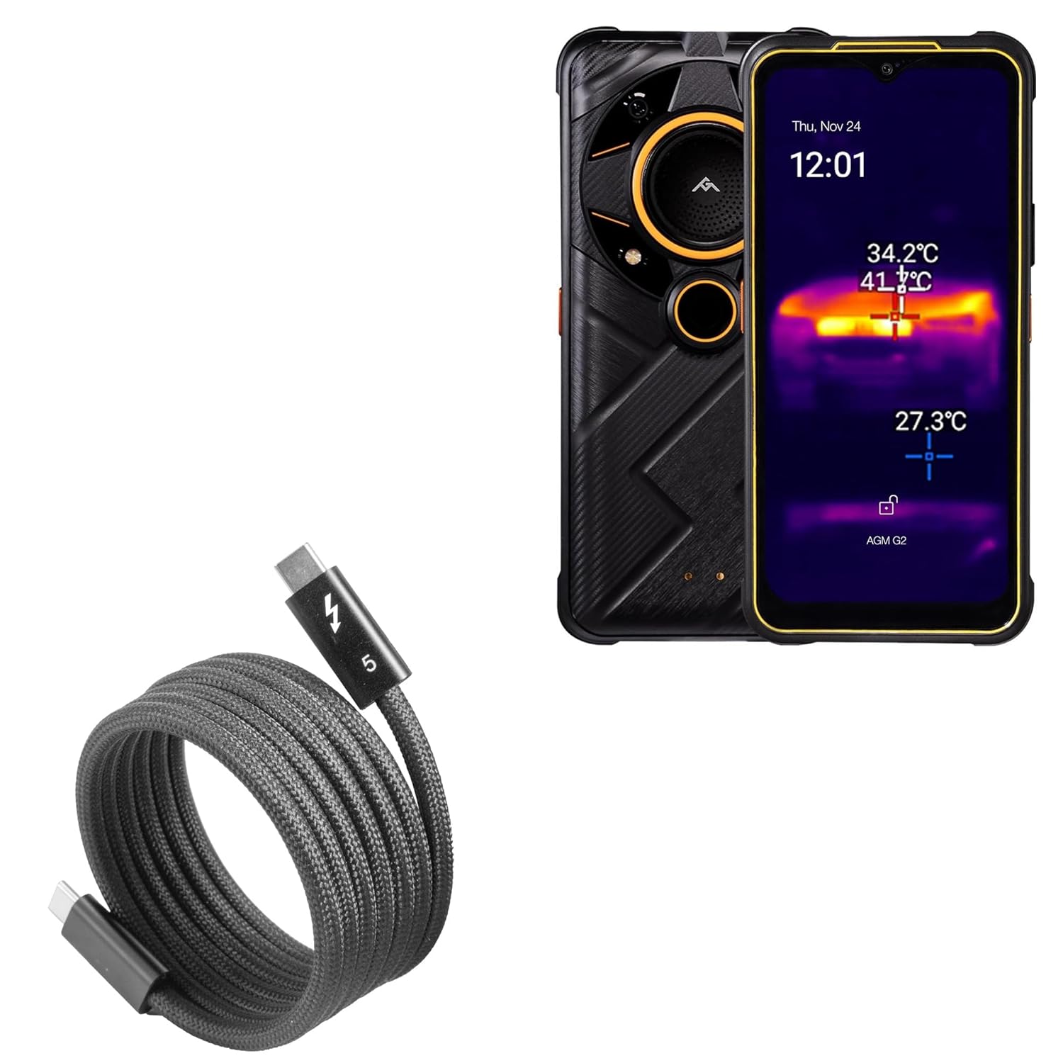 BoxWave Cable Compatible with AGM G2 PRO (6.58 in) - SnapWrap Thunderbolt 5.0 Cable (5ft 240W), Magnetic Self-Coiling Nylon Braided Retractable - Jet Black