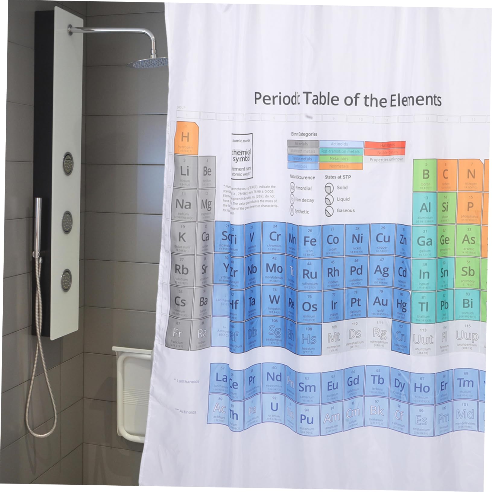 ULTECHNOVO Cortina De Ducha Tabla Periódica 180x180 Cm, Poliéster Resistente, Revestimiento, Protección De Privacidad para Baño, Ducha y Hotel, Diseño Estampado Ganchos Incluidos