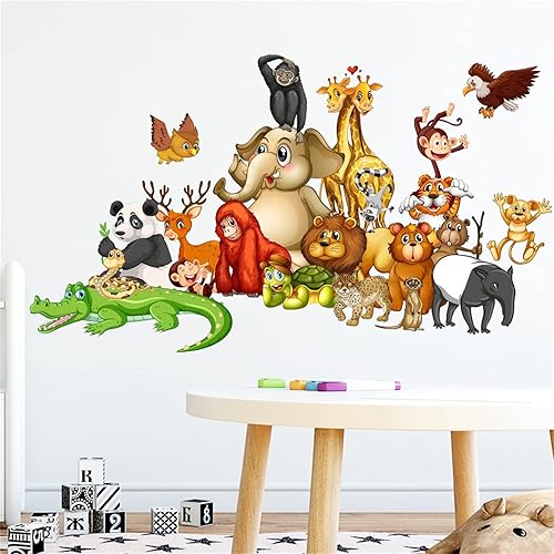 Miniatura 4 de Calcomanías de pared de animales, calcomanías de animales de dibujos animados de la selva, coloridos murales de elefante león para hombres y