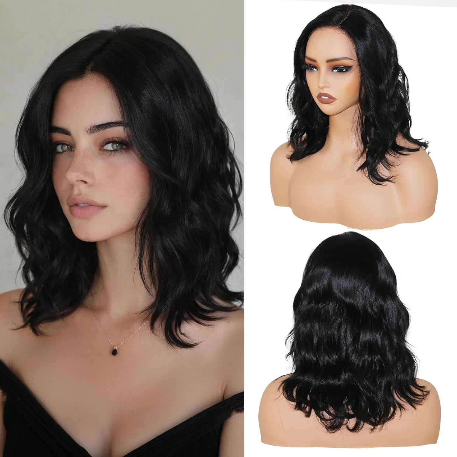 16 Inch Body Wave Human Hair Wig - Bye Bye Knots Glueless Wig with Pre-Cut Swiss Lace & Pre-Bleached Knots - 100% Brazilian Remy Human Hair Side Part Lace Front Wig Natural Black Color