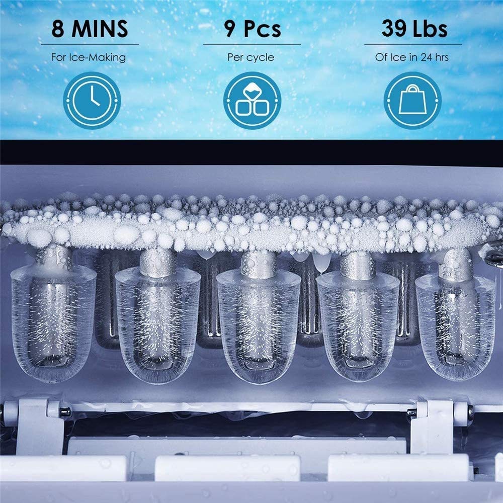 Ice Maker controsoffitto Ice Makers Portatile con Ghiaccio Cucchiaio e Carrello, 39 libbre in 24 Ore, 9 Ice Cubes for 6-8 Minuti, 1.7 Lb Ice Bagagli