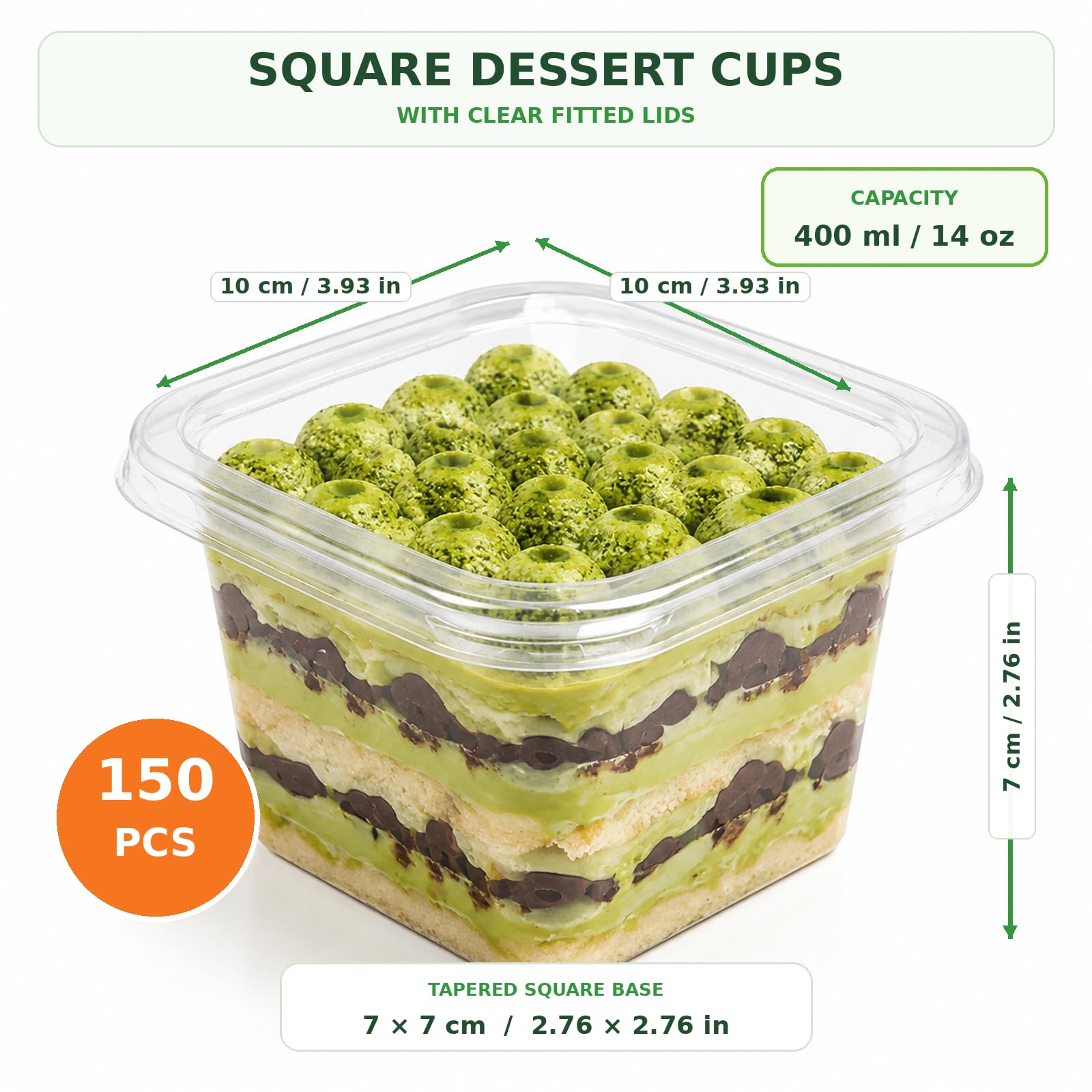 Confezione da 150 bicchieri da dessert in plastica con coperchio, 400 ml, quadrati, trasparenti, per parfait, antipasti, ciotole da portata con coperchio, per dessert, budino, mousse, feste