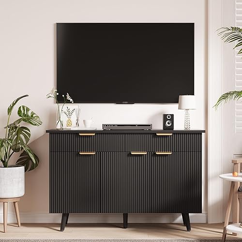 Miniatura 7 de Moderno gabinete de buffet acanalado de 47 pulgadas con almacenamiento, 3 puertas y 2 cajones, estantes ajustables, diseño de credenza de acento
