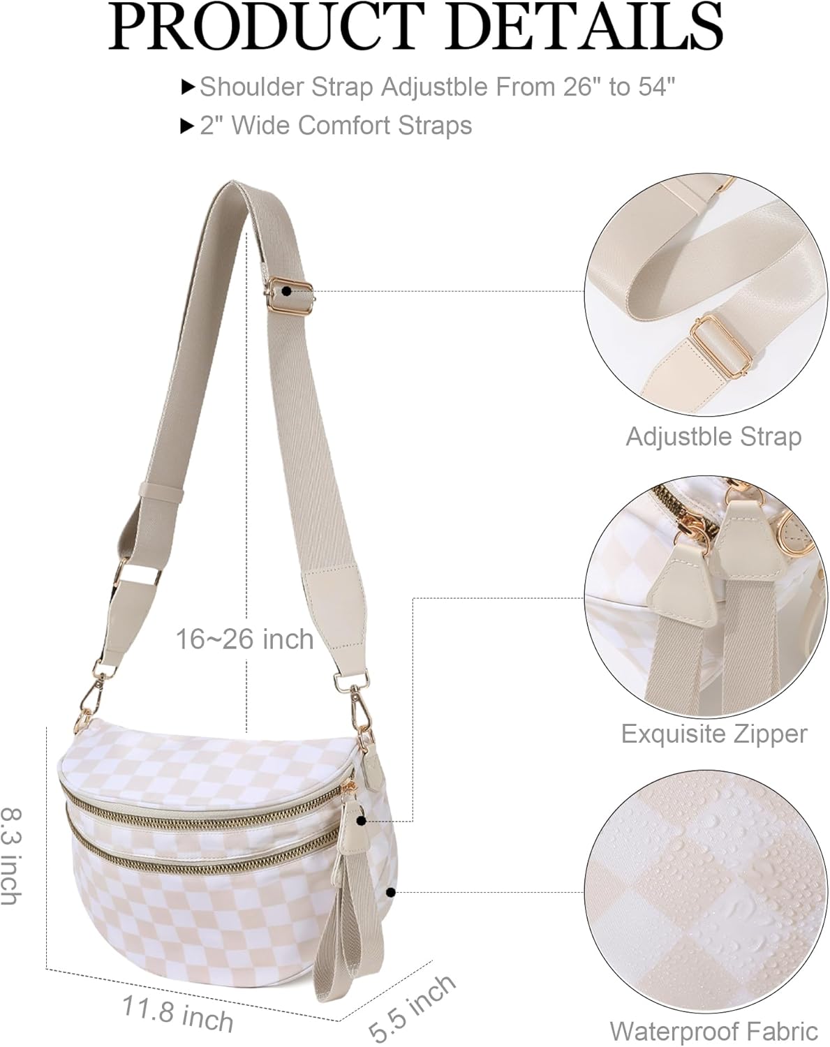 Checkered Bum Bag for Women, Roomy Crossbody Fanny Pack with Plus Size Adjustable Strap (Beige Checkered) - Image 4