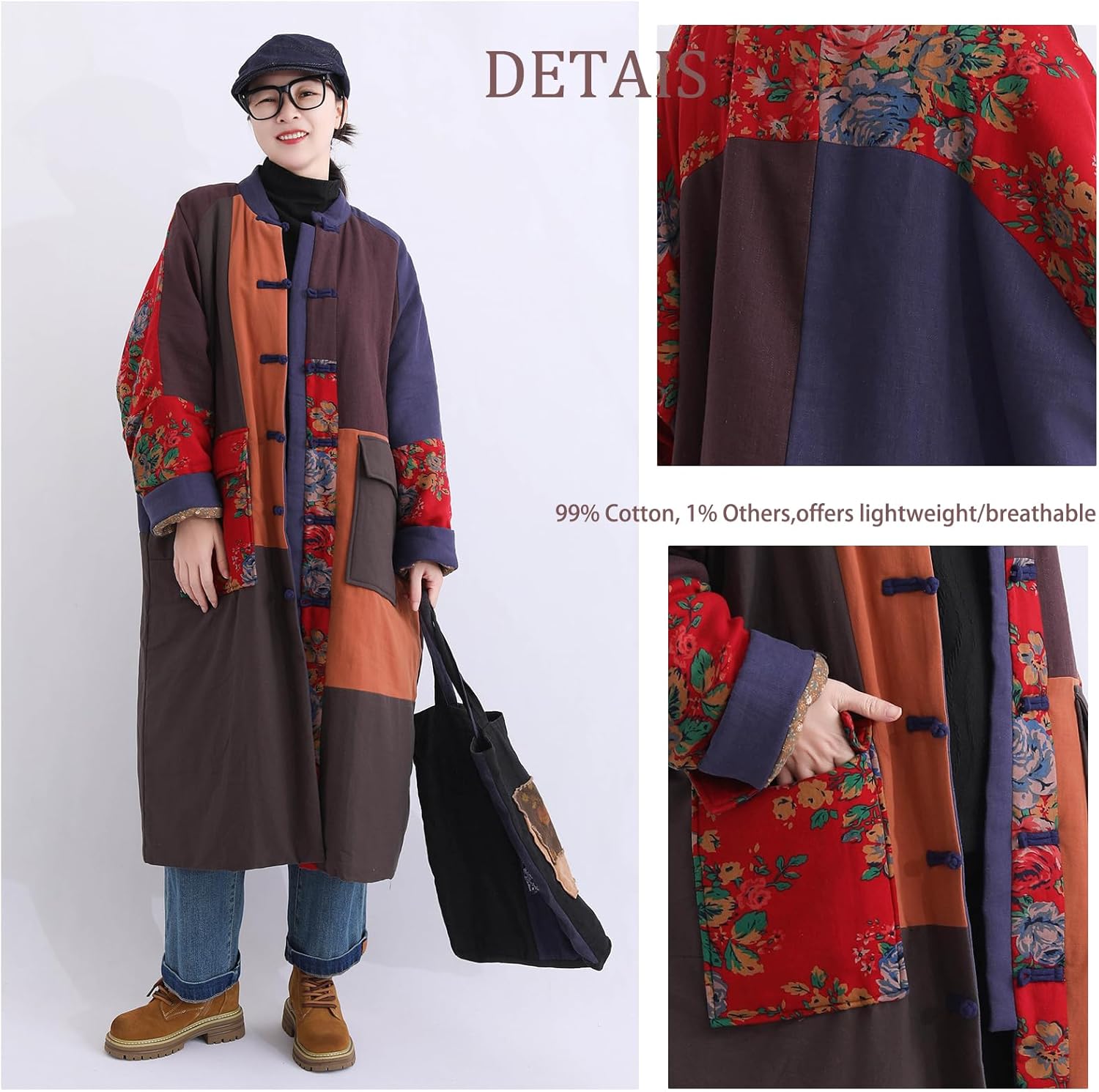 LUZU JUNU Women's Cotton Quilted Trench Coat Floral Print Long Jacket Cotton Linen Vintage Patchwork Outwear - Image 4