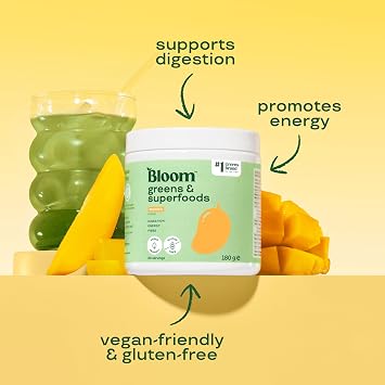 Bloom Super Greens Powder Mango (30 Servings) with Probiotics, Digestive Enzymes, Spirulina & Chlorella, Sugar-Free