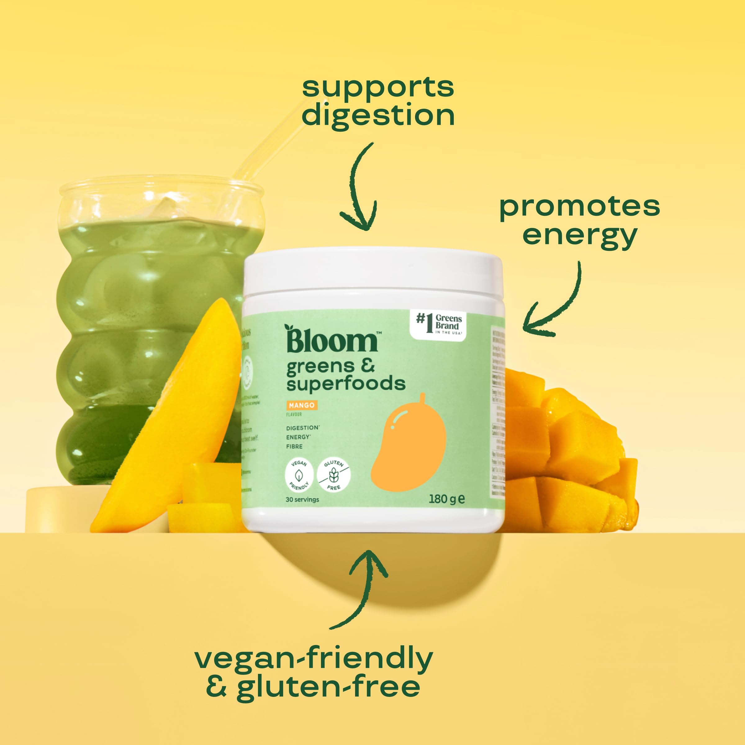 Bloom Super Greens Pulver Mango (30 Portionen) mit Probiotika, Verdauungsenzymen, Spirulina & Chlorella, zuckerfrei