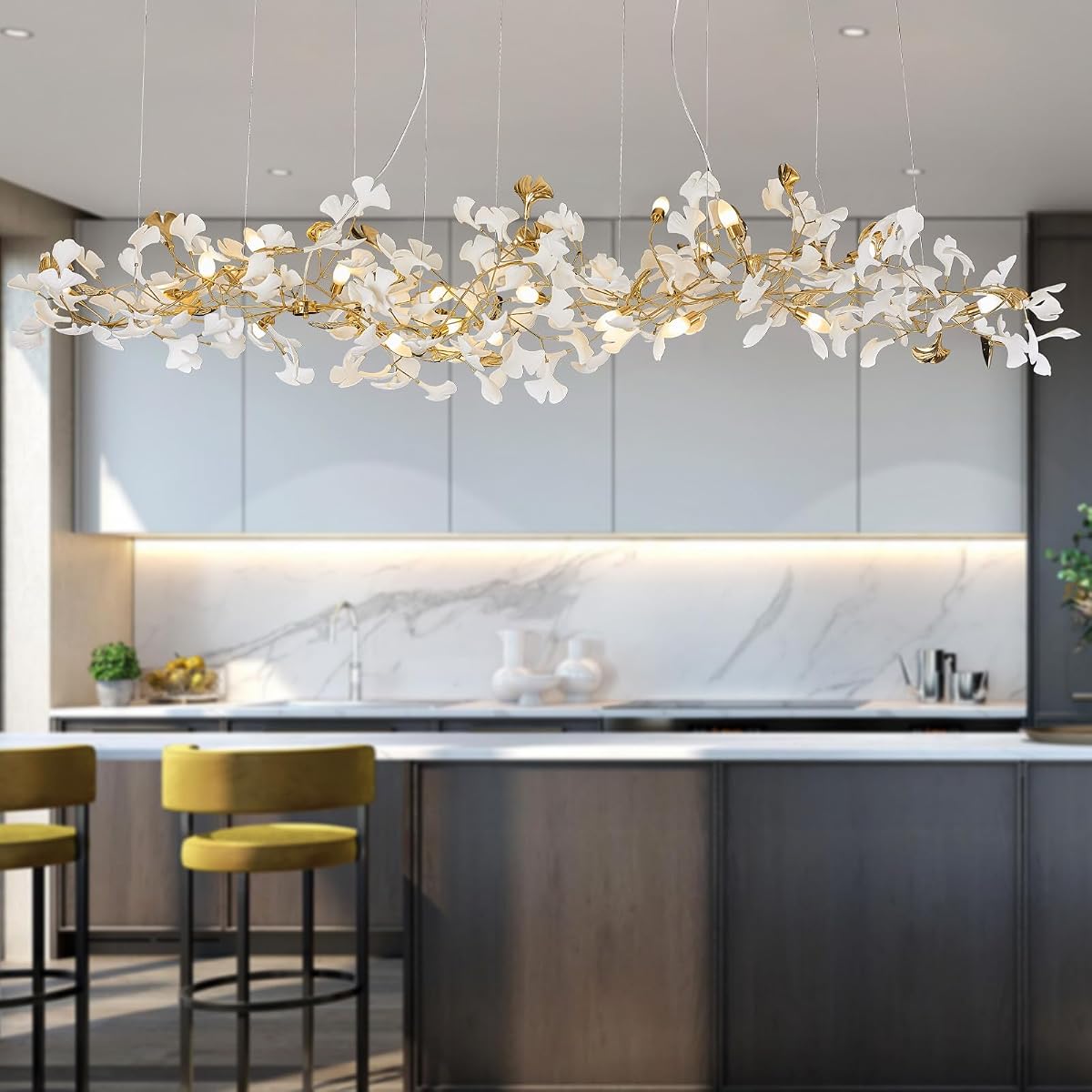 L98 Long Branch Chandelier Ginkgo Leaf Chandeliers Large Modern Brass Chandelier Light Fixtures for Dining Room, Villa, Living Room Kitchen Island