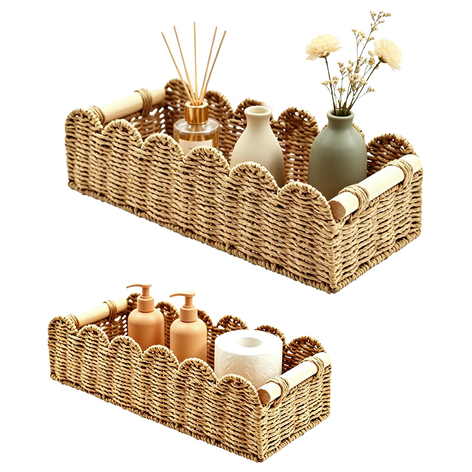 Lnopever 2 Pcs Storage Baskets, Paper Rope Scalloped Edge Bathroom Organizer Boxes, for Toilet Storage Shelf, End Table, Shelves and More, with 2 Wooden Handle