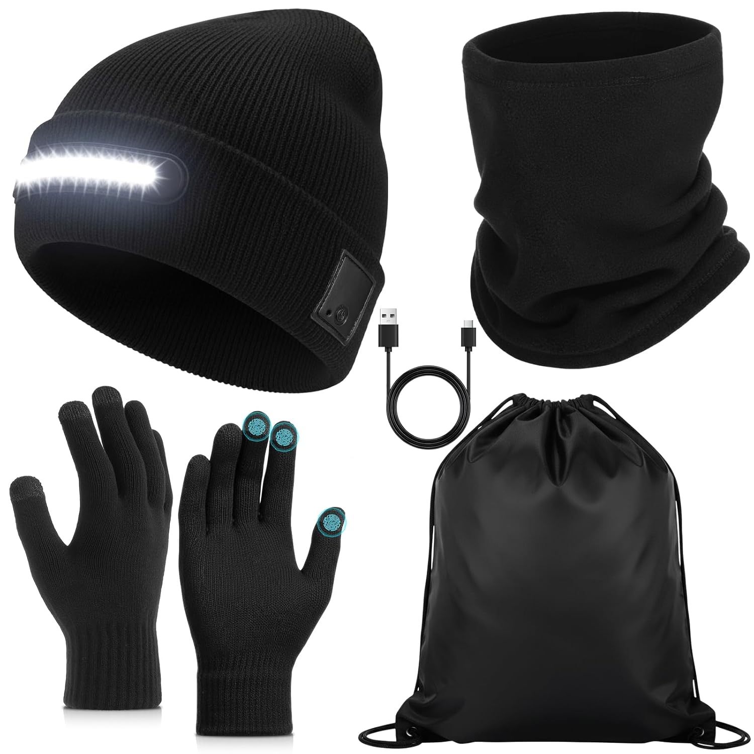 4 Pack Winter LED Beanie with Light USB Rechargeable Unisex Touchscreen Gloves Fleece scarf with Bag for Men