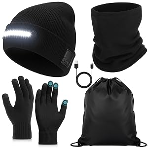 4 Pack Winter LED Beanie with Light USB Rechargeable Unisex Touchscreen Gloves Fleece scarf with Bag for Men