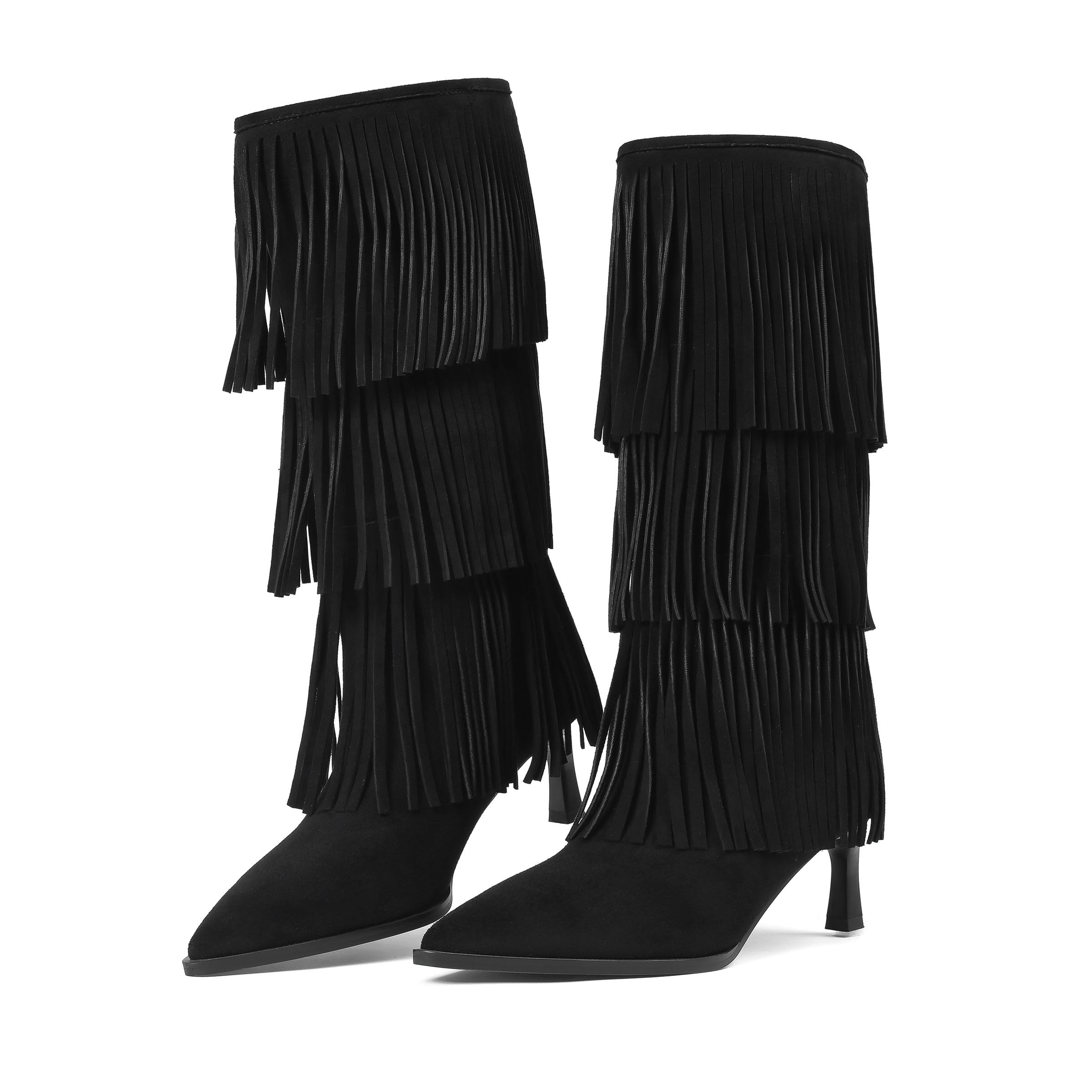 Womens Fringe Boots Kitten Heel Cowboy Boots Mid Calf Western Pointed Toe Suede Wide Calf Boot Fashion Heeled