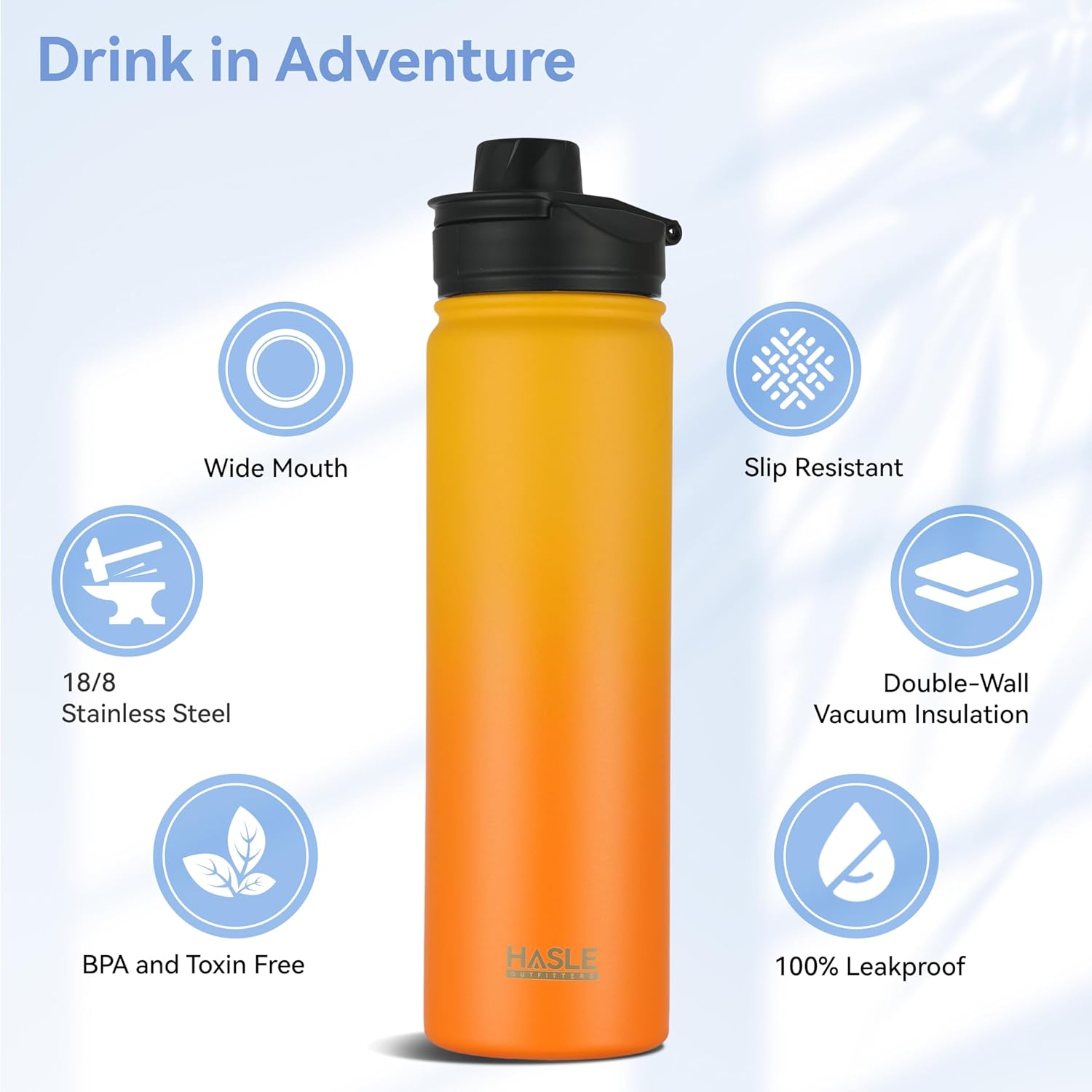 HASLE OUTFITTERS Insulated Water Bottle 22 oz Double Wall Stainless Steel Water Bottle Wide Mouth with Straw Lid & Spout Lid Keeps Cold or Hot(Yellow Orange Gradient,1) - Image 2