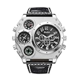 Mens Military Sports Quartz Wrist Watch Two Time Zone Compass and Thermometer Decorative Dial Leather Strap Cool Watch