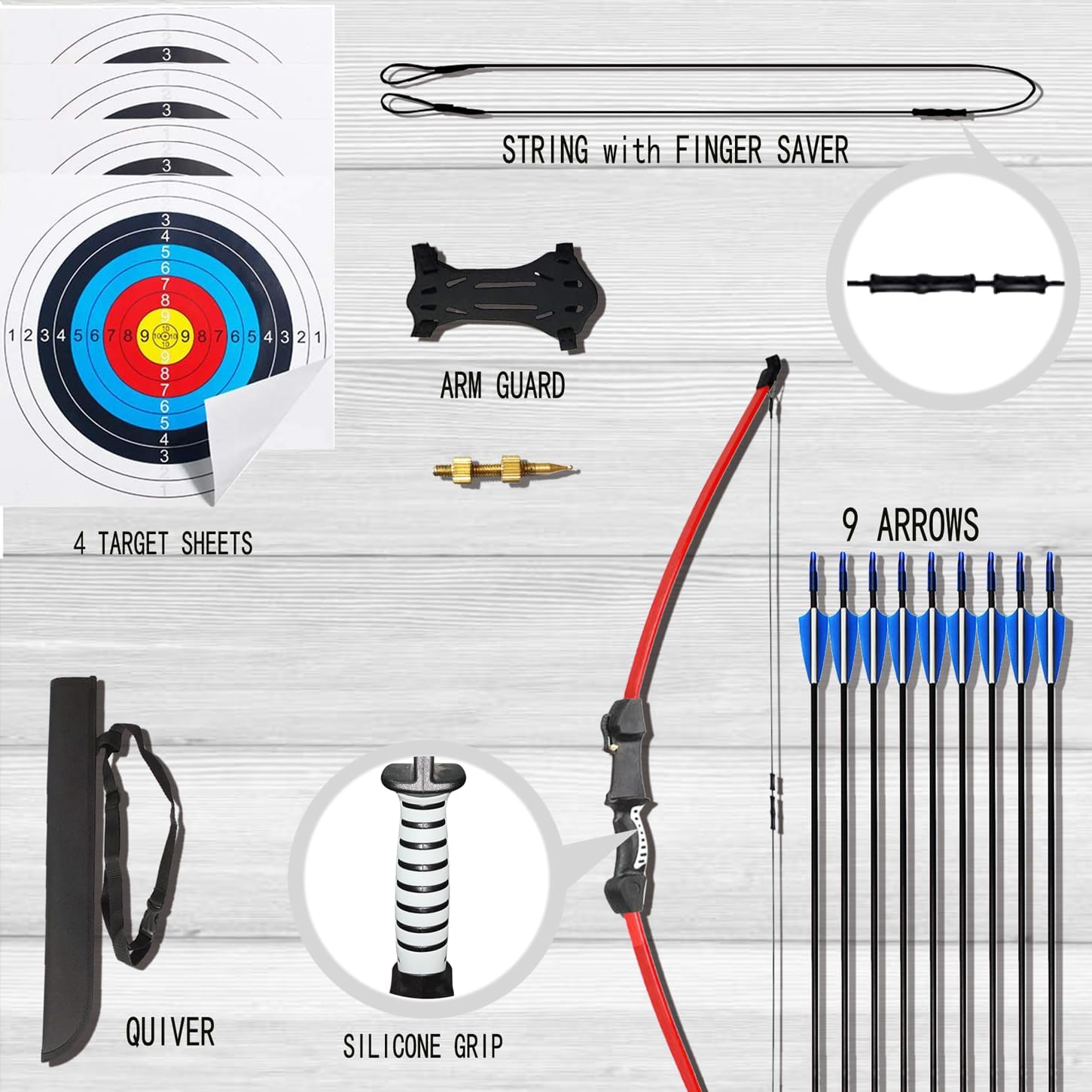 45" Youth Bow and Arrows Set for Kids 8-12 Teens Recurve Archery Beginner Gift Longbow Kit, Outdoor Hunting Play Gift, 9 Arrows, 4 Target Face for Backyard Game Age 12-14 14-16