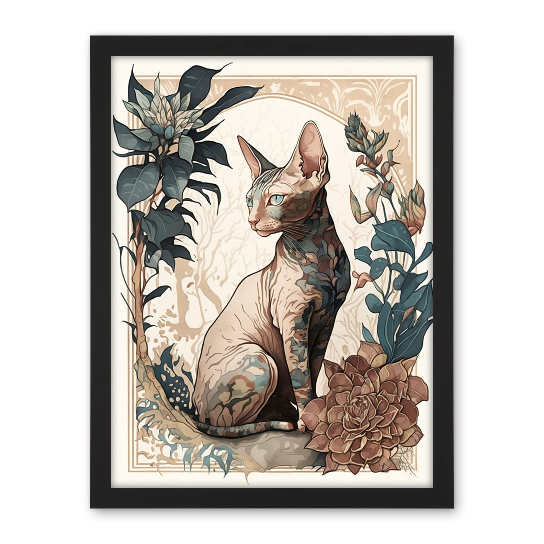 Artery8 Sphynx Cat with Flower Blooms Modern Art Nouveau Portrait Illustration Artwork Framed Wall Art Print 18X24 Inch
