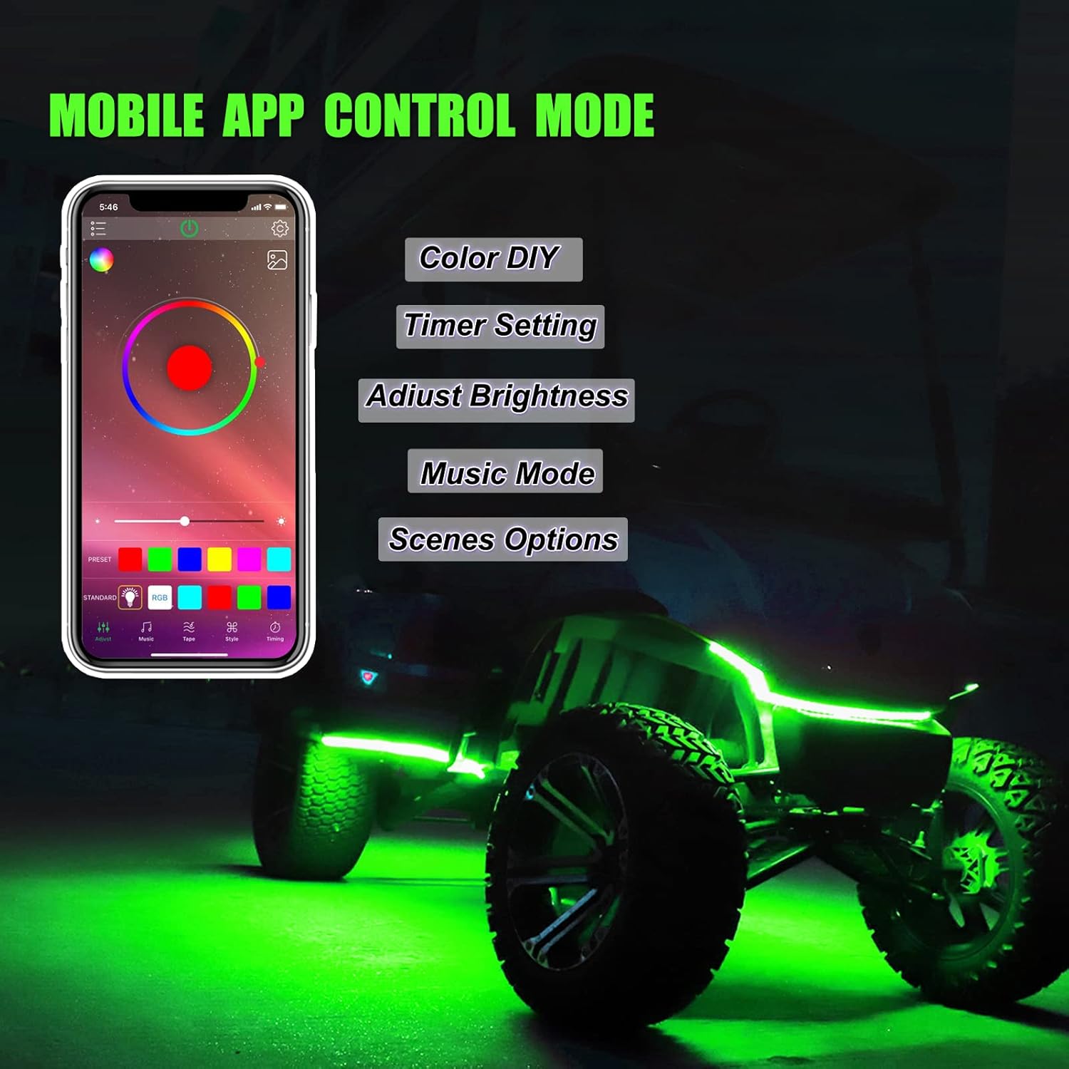 Roykaw Golf Cart Underglow Accent Neon Lighting Kit Standard Million Color LED for EZGO/Club Car/Yamaha Models, Water Resistant Flexible Tubes and Remote Control/APP Control