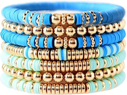 Miniatura 2 de Caiyao Juego de 7 pulseras Heishi Surfer de colores con disco rosa bohemio para mujer, apilables, cuentas de arcilla Ploymer, pulseras elásticas con