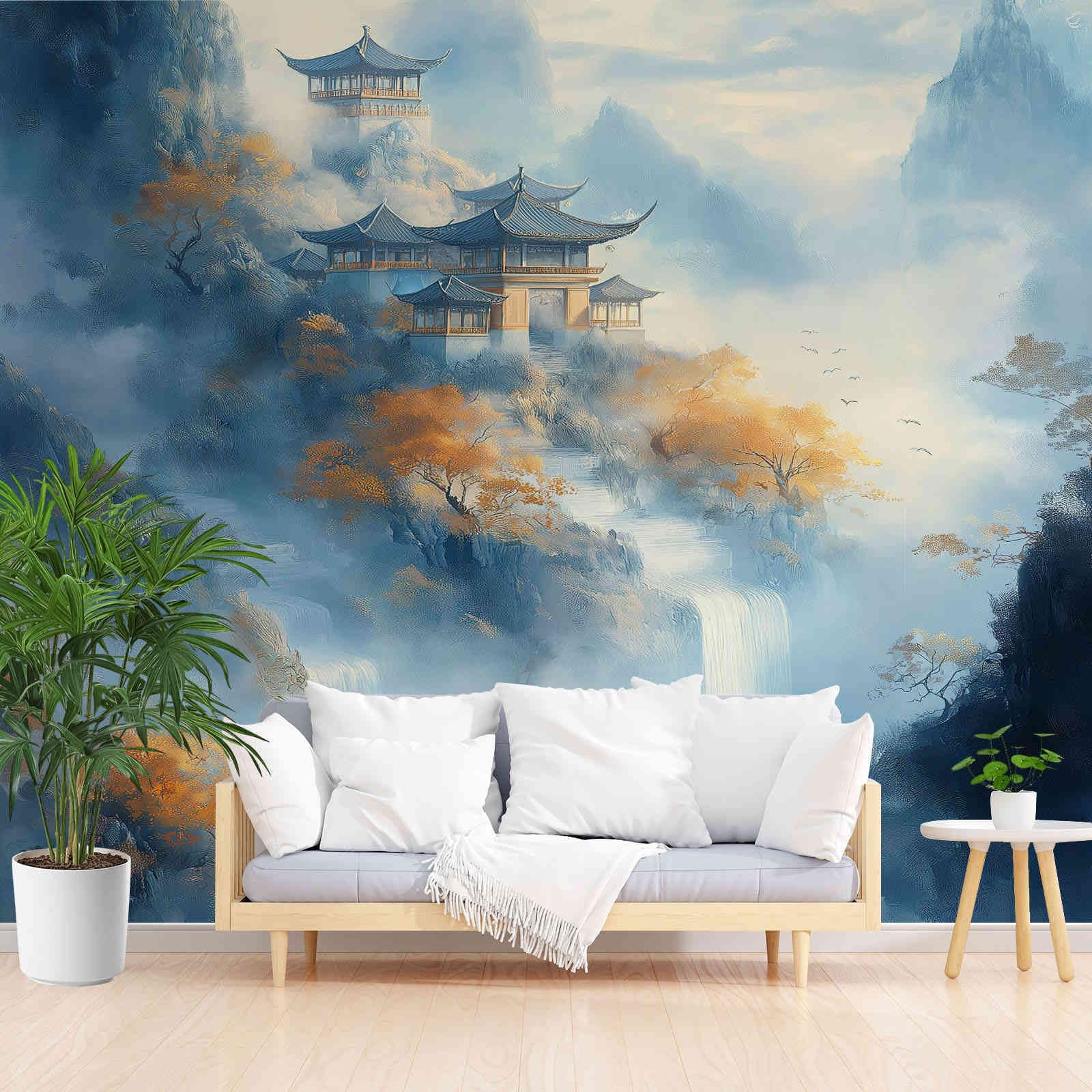 Papier peint panoramique 3D encre chinoise bleu-vert 300x210 cm pour salon
