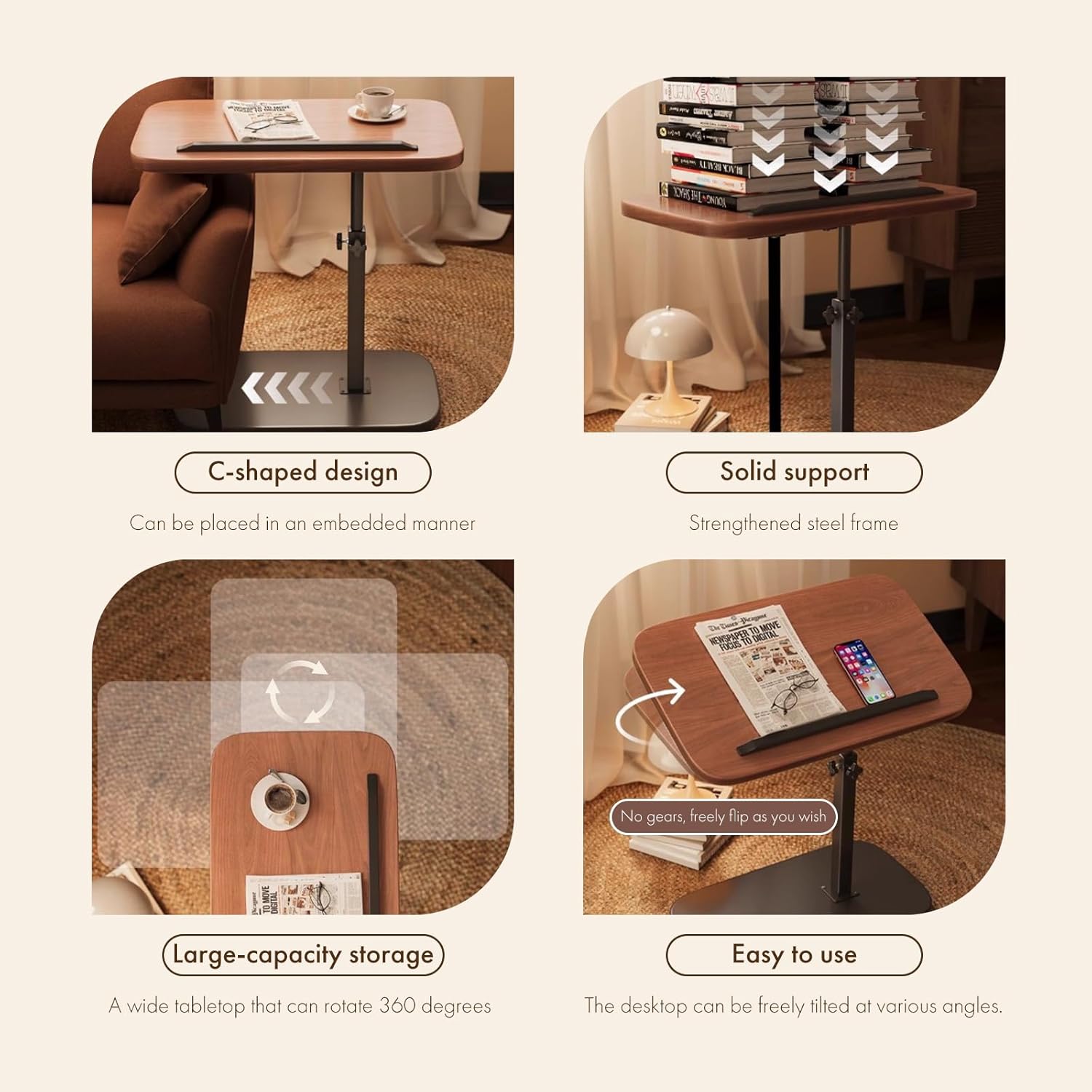 360° Rotatable Foldable Table - Height-Adjustable, Thickened Carbon Steel Frame & Wood Top, Multi-Purpose for Kitchen/Living Room/Bedroom/Dorm，Computer Desk