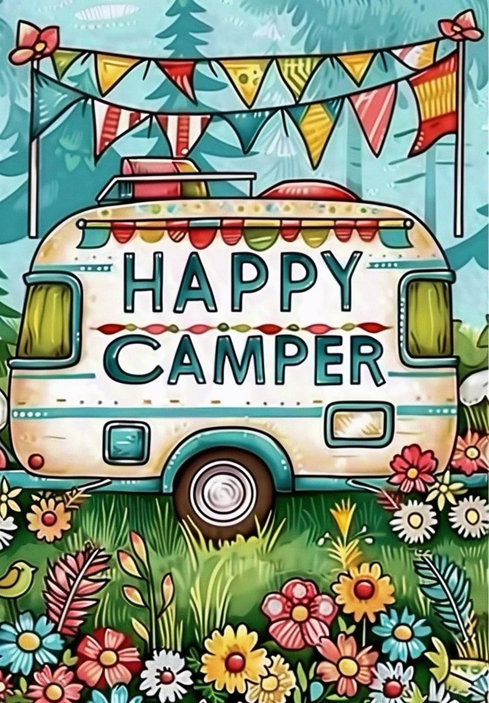 F-CANLAN Round Full Drill Diamond Painting Set, 5D DIY Happy Camper Paint with Diamonds Plant Cart Diamond Painting with Gem for Adult Children Camper Lovers Diamond Art Kits Room Decor (12X16 inches)