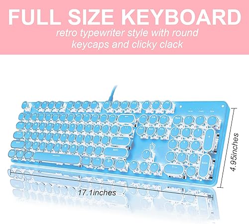 Miniatura 5 de Teclado mecánico para juegos estilo máquina de escribir, retroiluminado RGB, con cable con interruptor azul, teclas redondas retro, teclado de 104