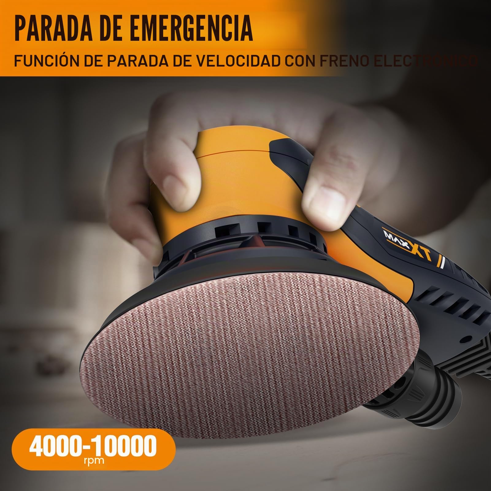 Lijadora orbital aleatoria MAXXT 5,0mm sin escobillas Lijadora eléctrica 350W | 6 velocidades ajustables (4000-10000 rpm) | Plato lijador 150 y 125 mm | Incl. caja práctica, 20 hojas de lija | Frenado