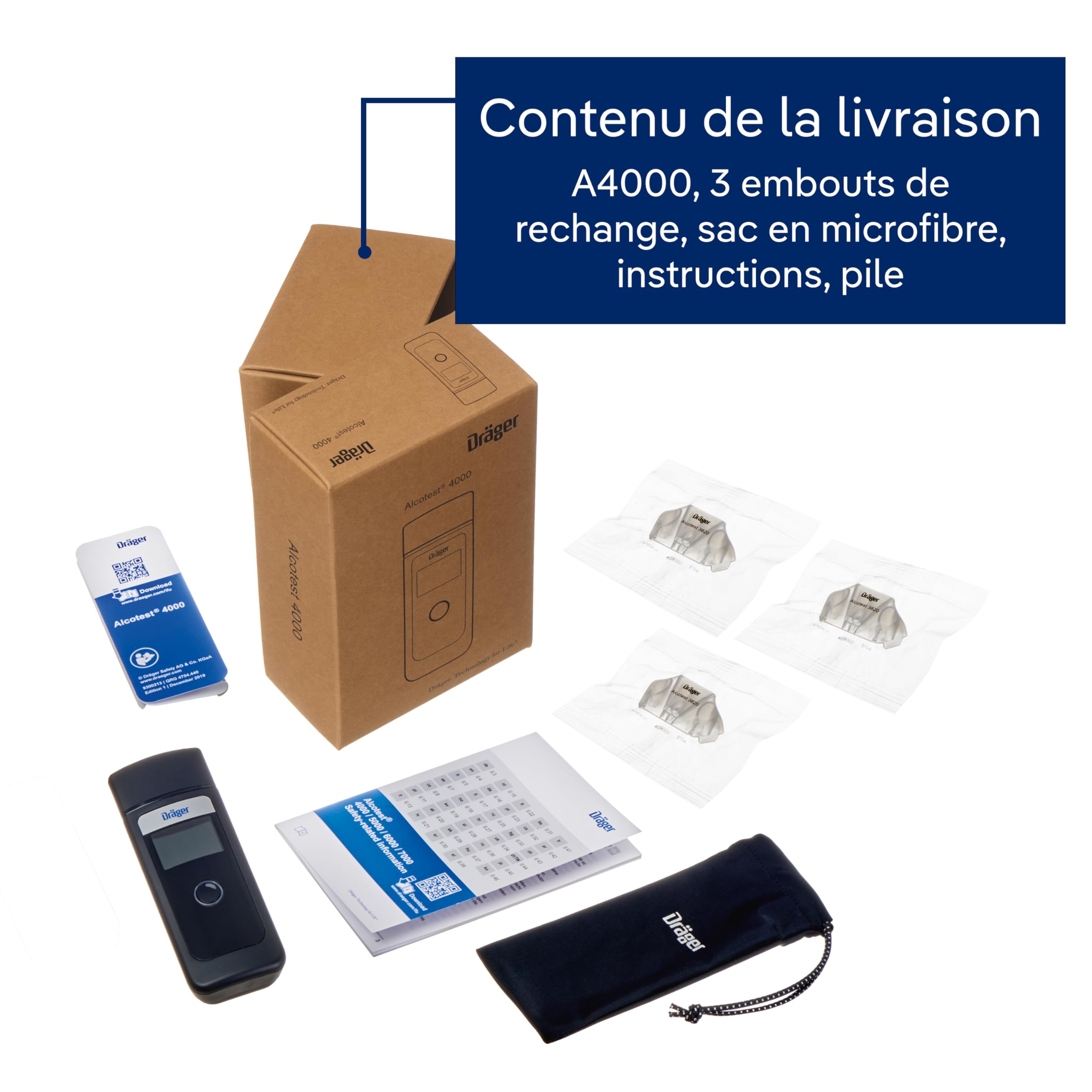 Dräger Alcotest 4000 - Éthylotest électronique homologué avec batterie longue durée, 3 embouts buccaux remplaçables