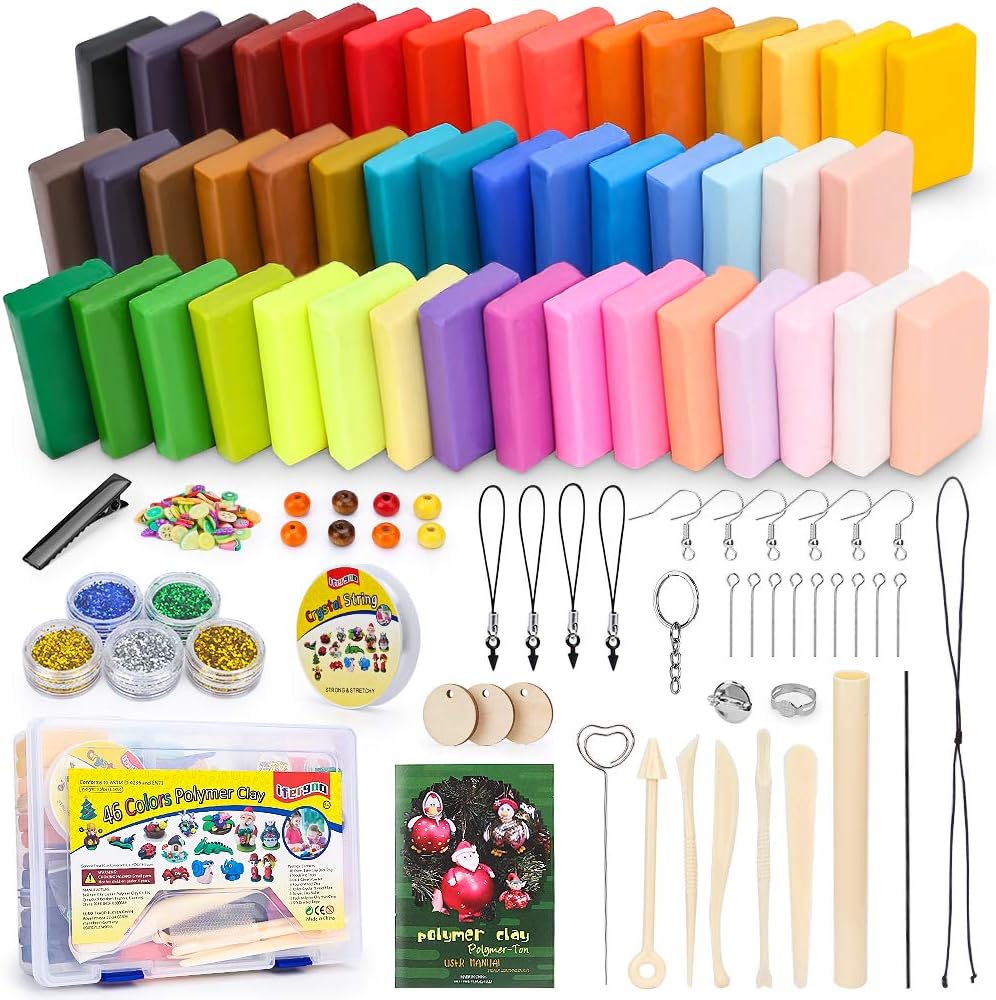 iFergoo Polymer Clay Starter Kit, 46 Colors, Oven Bake, DIY Modeling Clay, 5 Tools, 5 Mica Powders, 40 Jewelry Accessories for Kids and Adults
