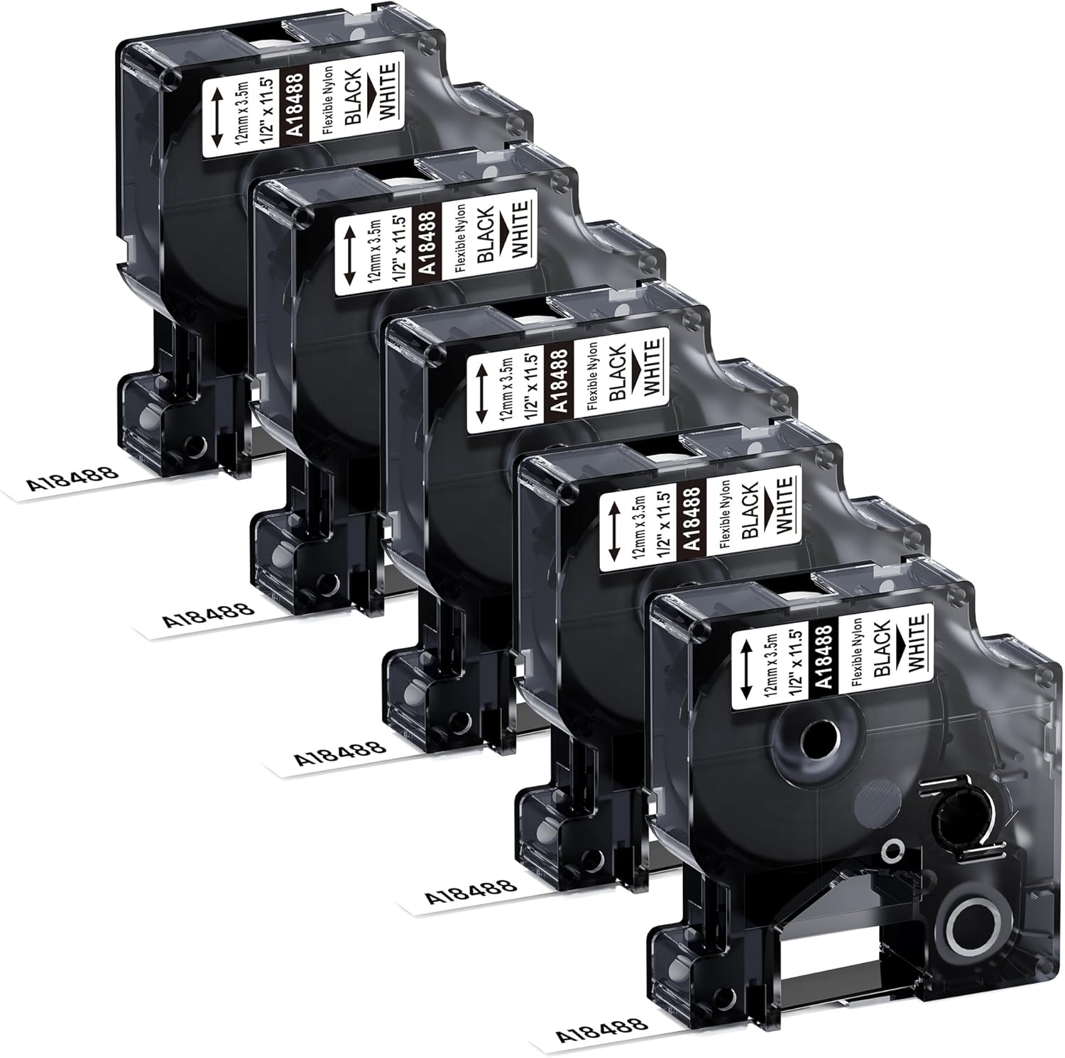 5-Pack Replacement for Dymo Rhino Flexible Nylon Labels 1/2" Rhino18488 Label Tape, Compatible with Dymo Rhino Pro LabelWriter Industrial Label Makers 4200 5200 6000, Black on White, 1/2" x 11.5'