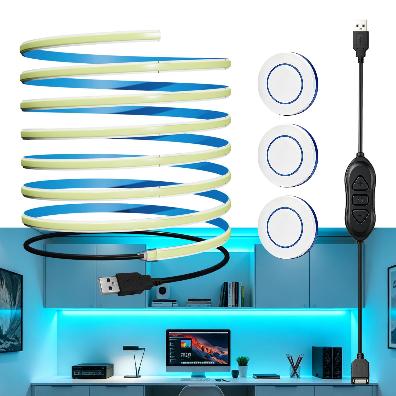 MDee 5V USB COB LED Strip with 3 Remotes, Dimmable, Ice Blue, 2.5M