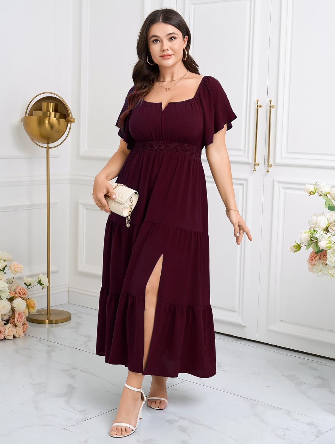 SCOMCHIC Womens Plus Size Maxi Dress Formal Short Sleeve Square Neck Smocked Side Split Flowy A Line Tiered Long Dress - Image 5
