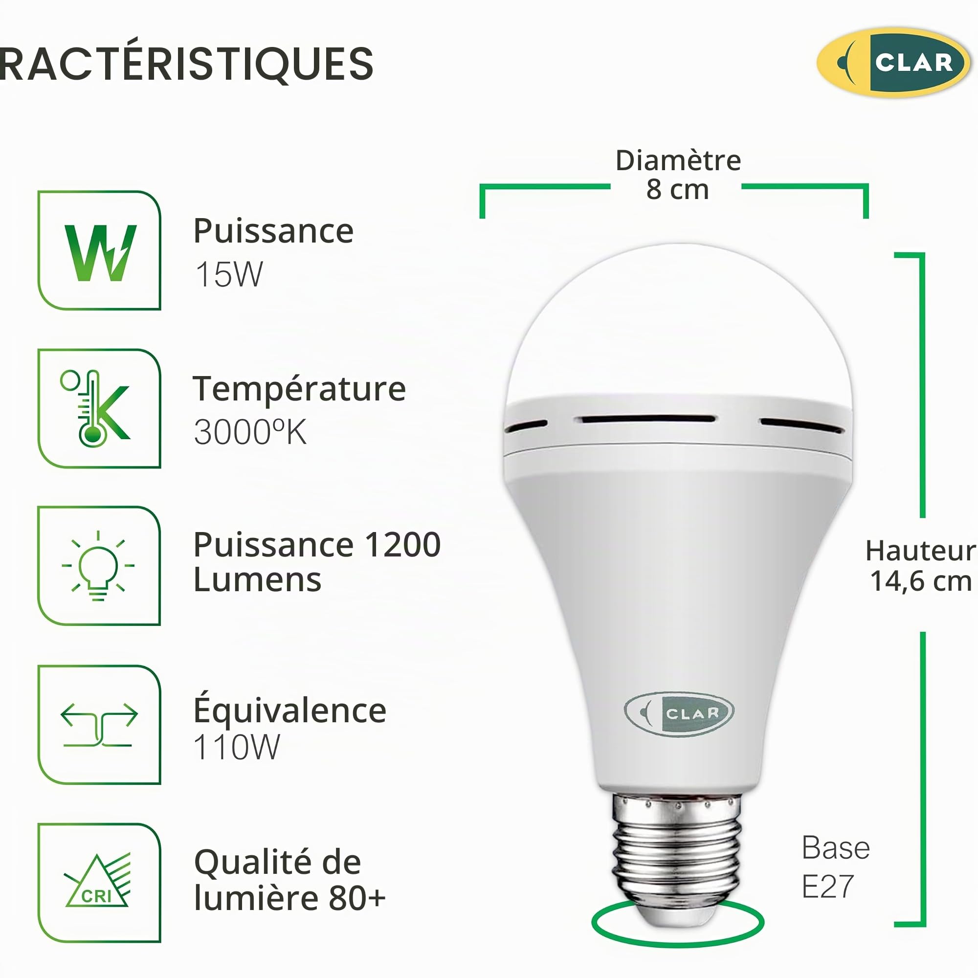 CLAR - Ampoule Rechargeable E27, Ampoule Sans Electricite, Ampoule, 15W, Sans USB (Pack 5)