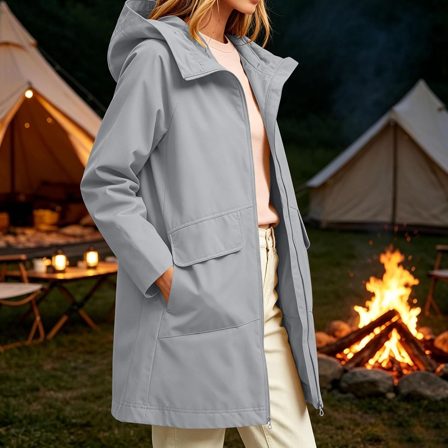 Long Raincoat for Women Hooded Zip Up Trench Coat with Pockets | Women's Mid Length Softshell Anorak with Snap Button Placket, Side Pockets, Long Sleeve for Fall Spring Travel