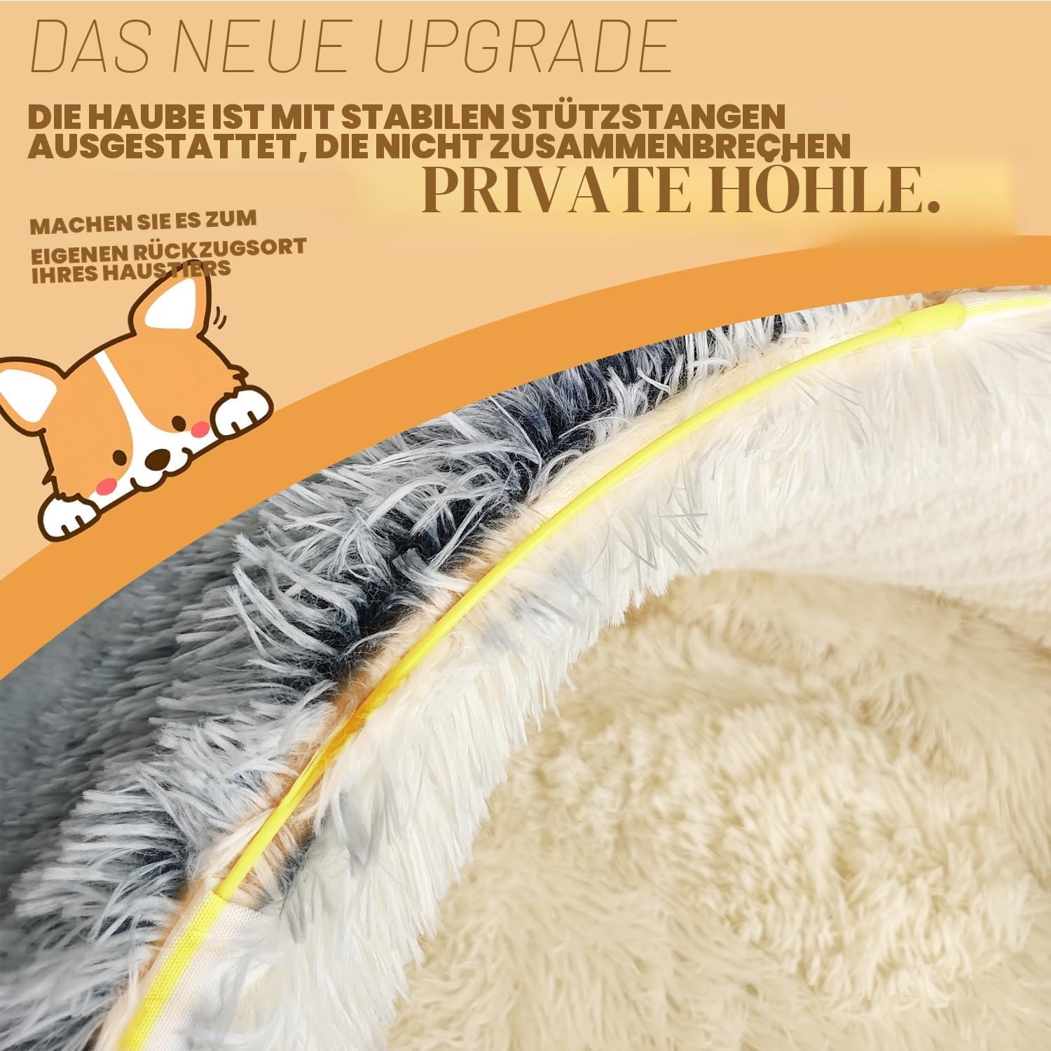 SUOXU Hundebett mit Kapuze und Stützen, Deluxe-Plüsch-Hundehöhlenbett für mittelgroße und kleine Hunde, beruhigendes Anti-Angst-Haustierbett, Abnehmbarer, waschbarer Bezug und rutschfeste Unterseite