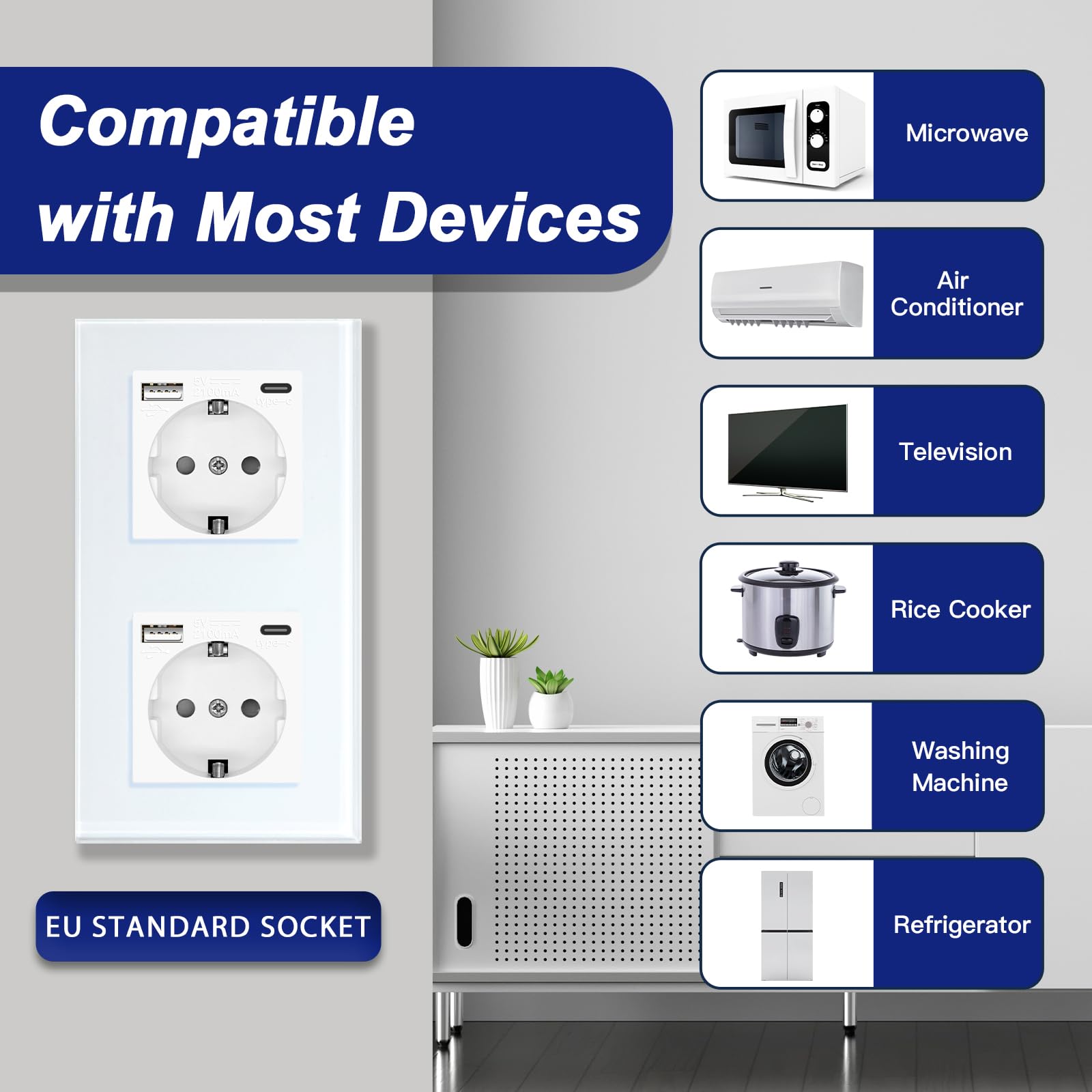 BSEED Enchufe de Pared con USB C,Enchufes Dobles Empotrados con Cristal,Toma de Corriente,Seguridad infantil,Fácil de Instalar,M Serie,2 Enchufes con USB y Tipo C,157mm Blanco — view 3