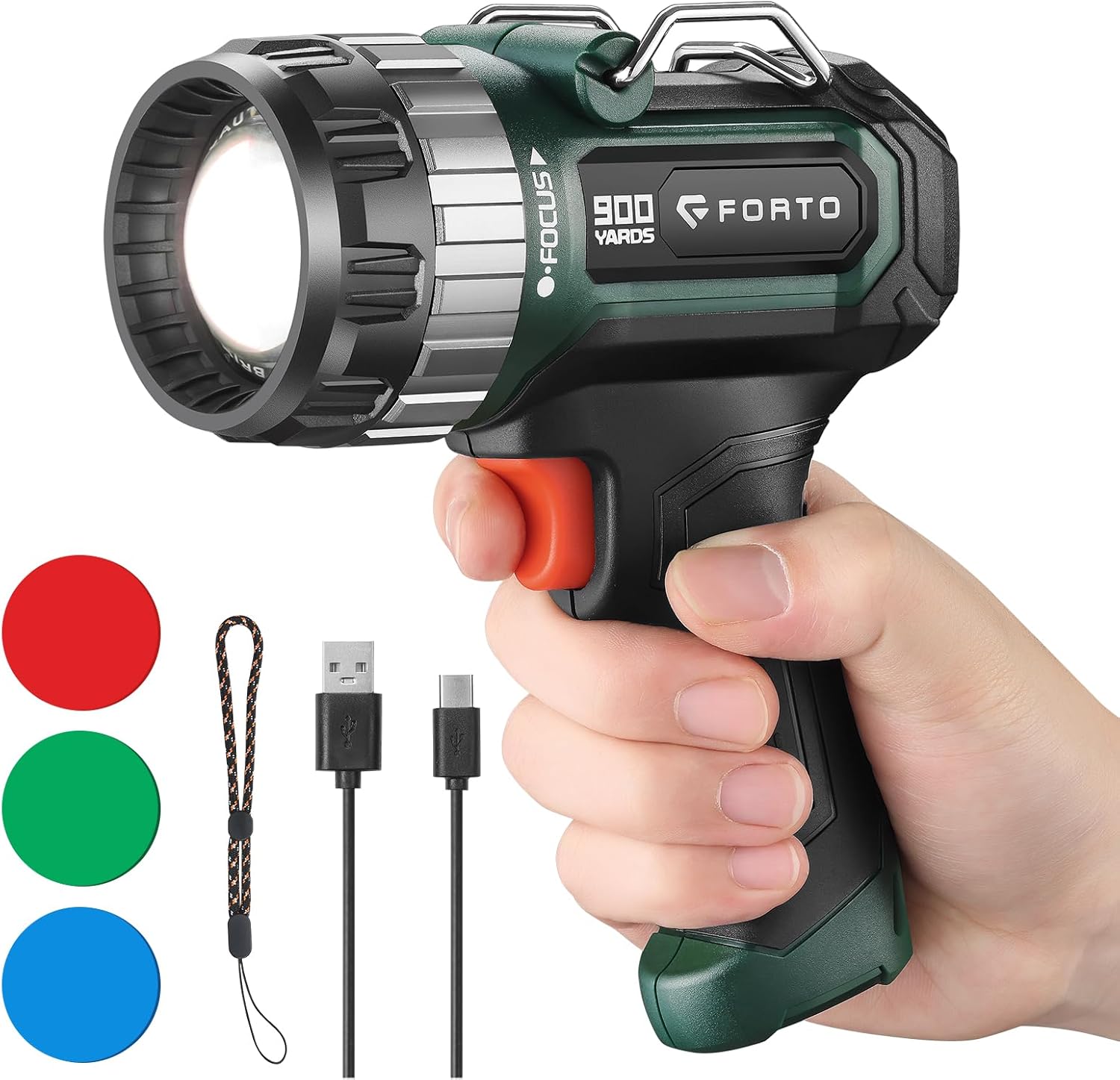 FORTO Handheld Compact Spotlight with 3-Colors Lens, 1400 Lumens Rechargeable Spot Light with Adjustable Focus, 2700Ft Range, 3 Light Modes, Suitable for Hunting Boating Camping Hiking Observe Animals